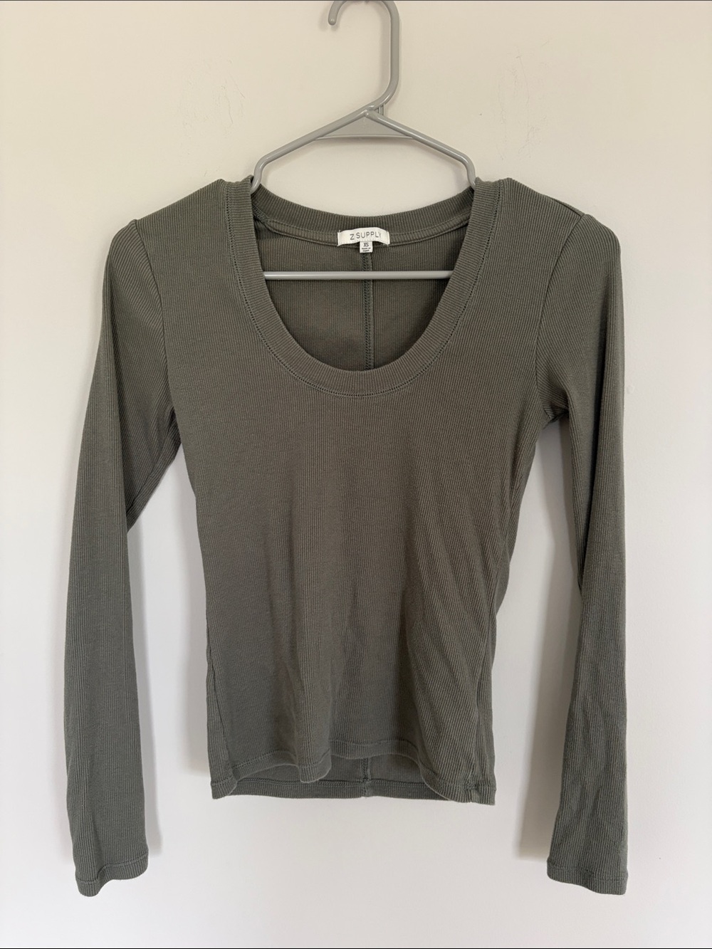 Z Supply Olive Green Ribbed Scoop Neck Long Sleeve Top
